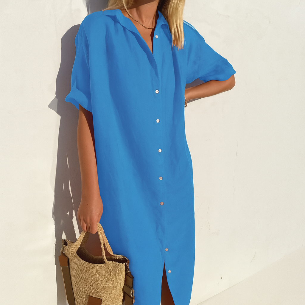 Stylish women's midi shirt dress with button-down front, suitable for spring, summer, and casual outings.