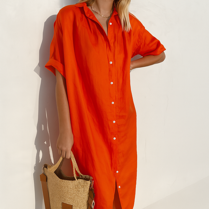 Effortless women's button-down midi dress, a versatile shirt dress for relaxed summer and elegant spring fashion.