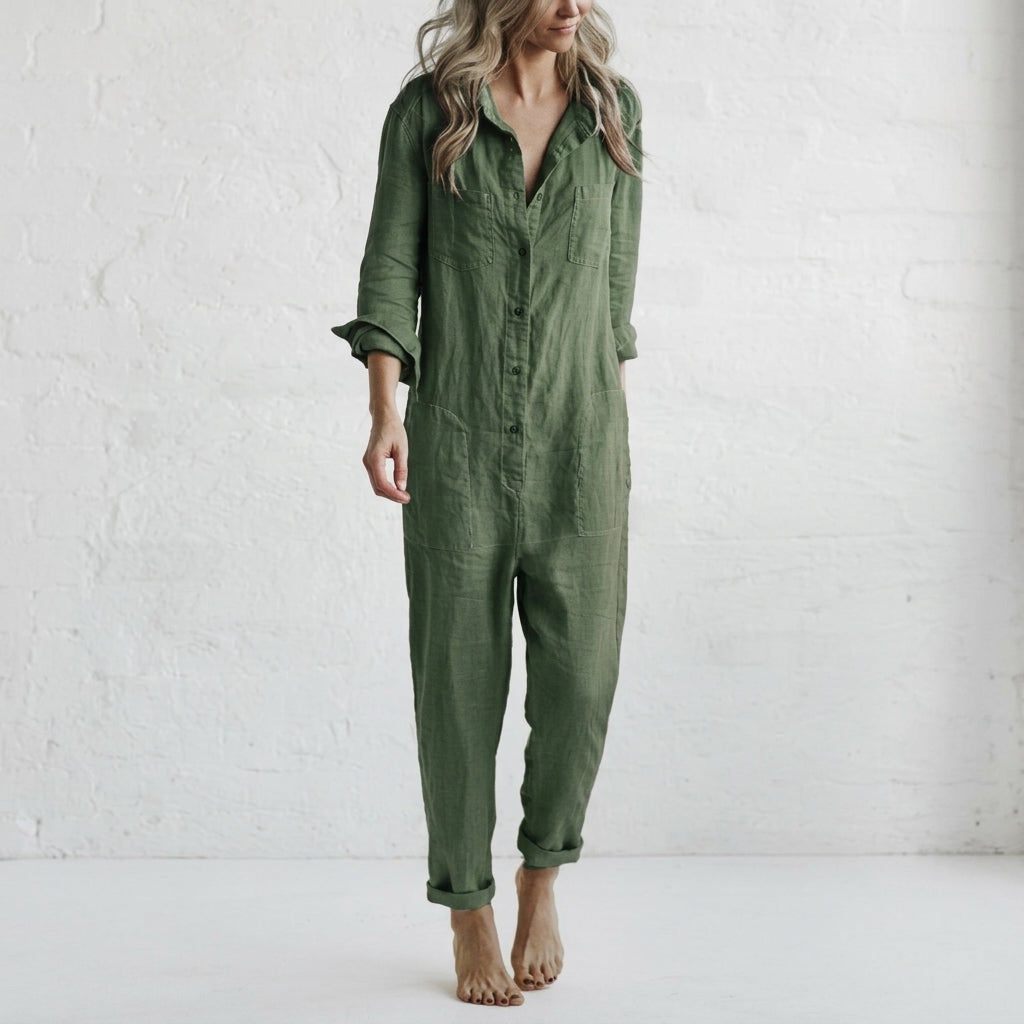 Women's effortless button-front jumpsuit. Relaxed fit, versatile for day-to-night wear. Comfortable summer fashion.