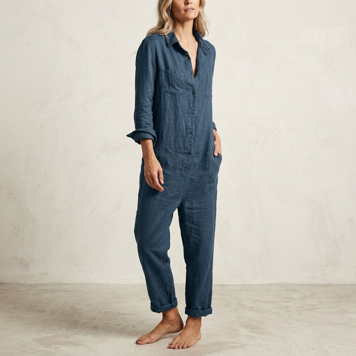 Stylish women's summer button-front jumpsuit. Effortless, comfortable, and perfect for day-to-night fashion.