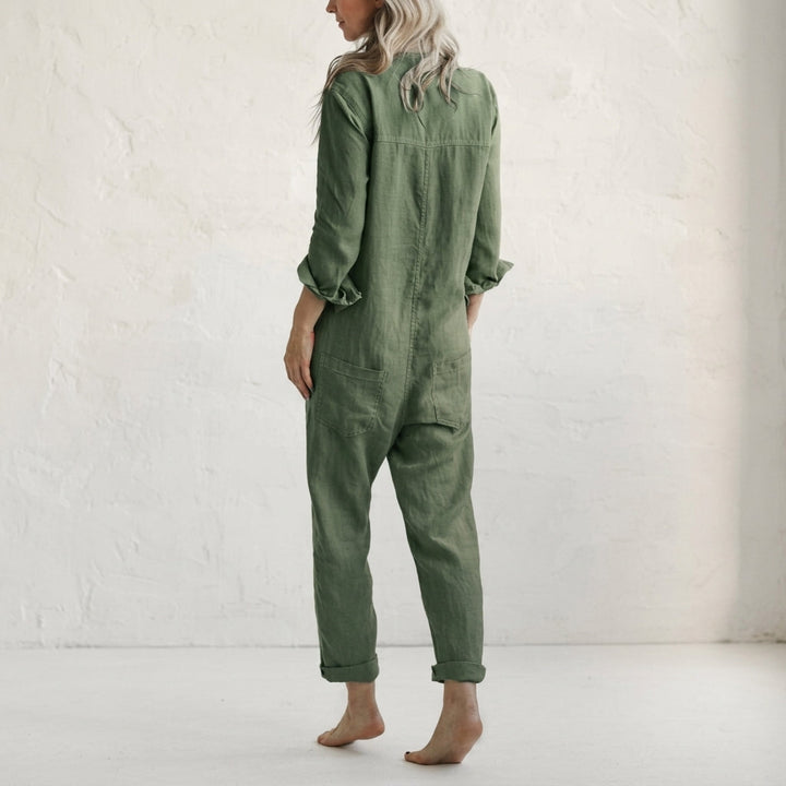 Comfortable women's button-front jumpsuit. Effortless, versatile, and elegant for summer fashion & all occasions.