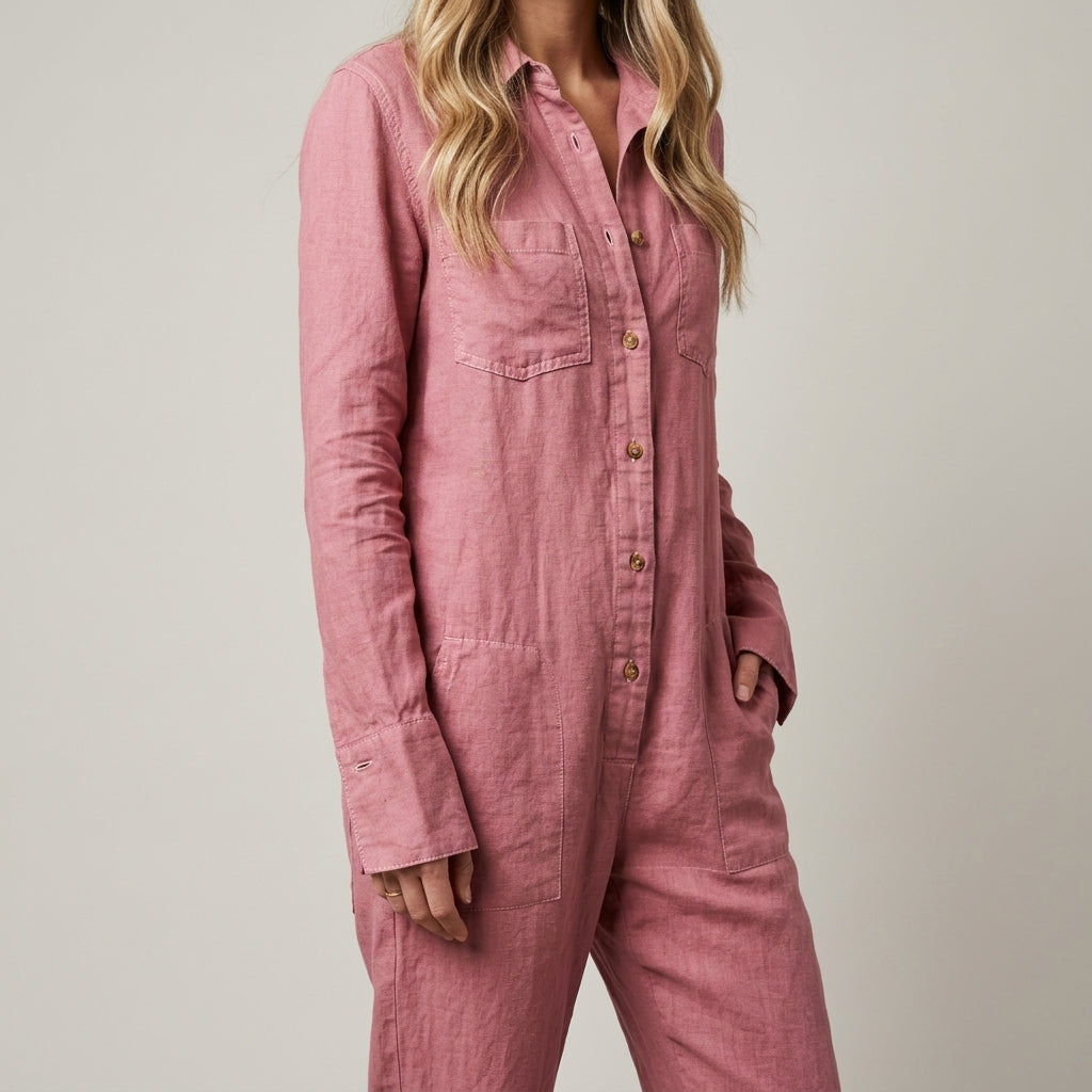 Women's casual button-front jumpsuit. Comfortable, relaxed fit, perfect for summer, day-to-night effortless style.