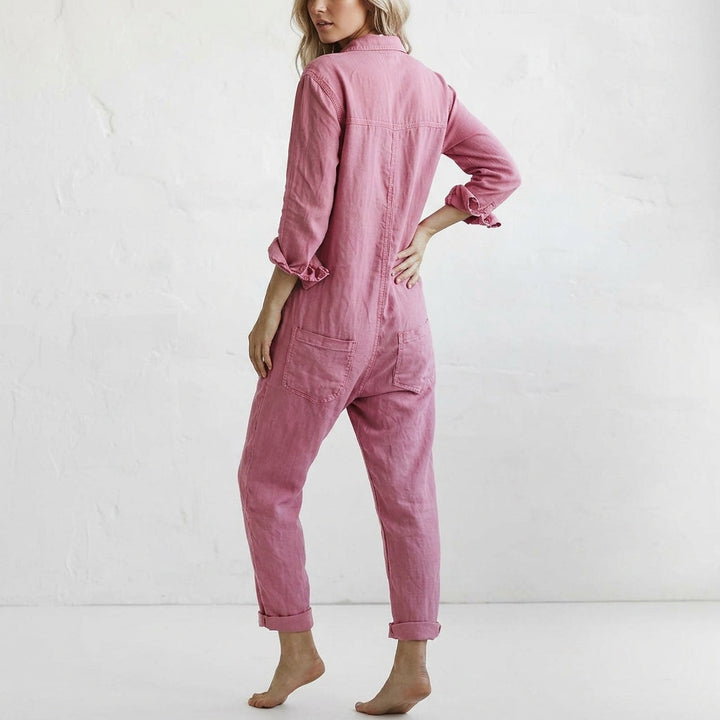 Elegant women's versatile jumpsuit. Comfortable button-front, relaxed fit for summer casual or day-to-night wear.