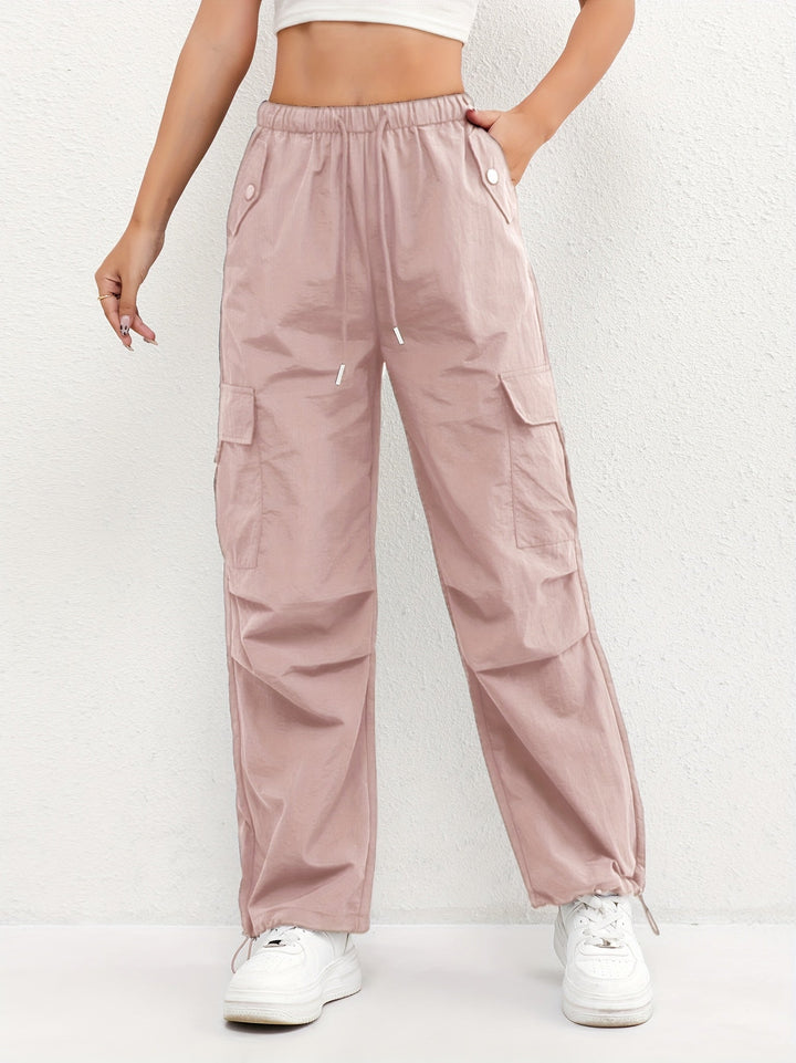 Women's effortless drawstring cargo parachute pants with relaxed fit, perfect for casual street style.