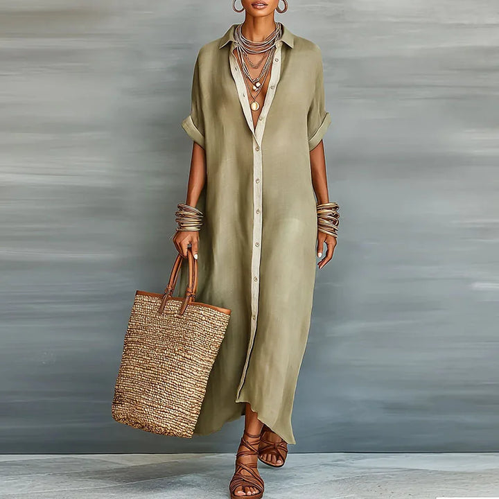 Women's effortless long shirt sundress for casual summer days. Comfortable button-down maxi dress for vacation.
