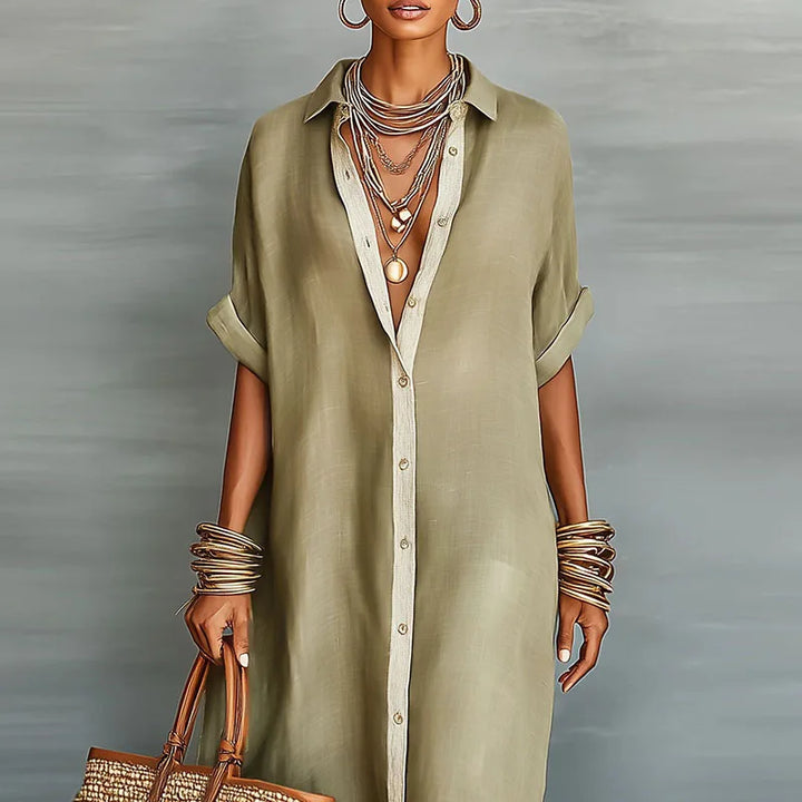 Effortless women's sundress, a long shirt dress style. Ideal for summer casual wear or comfortable vacation outfits.