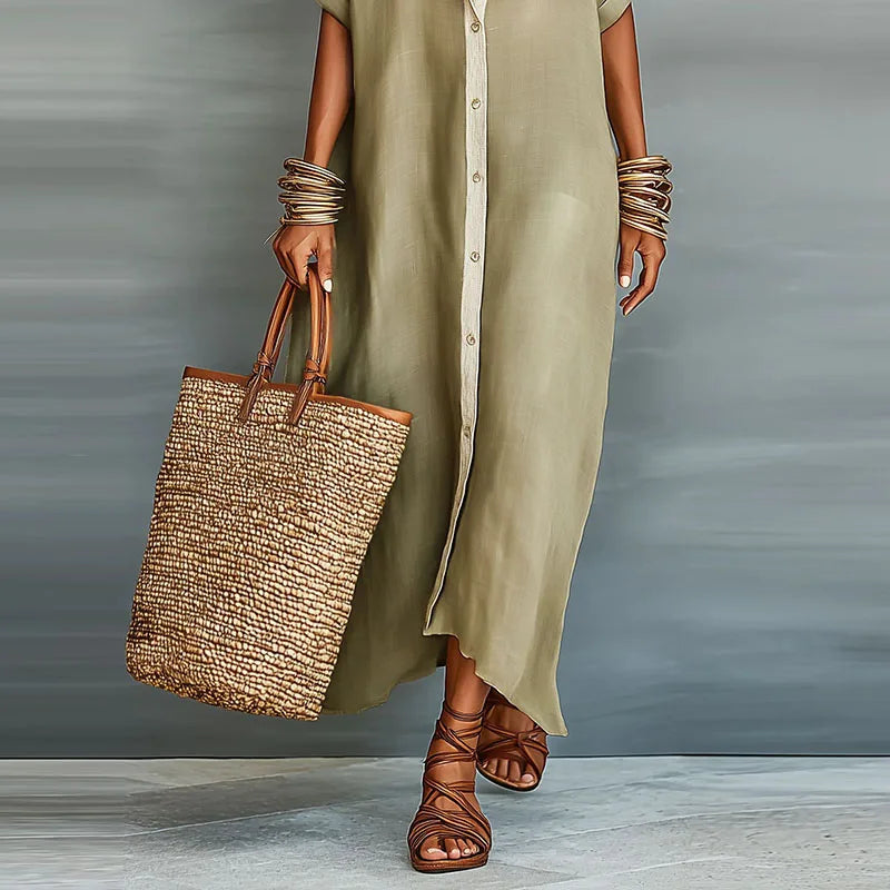 Women's casual maxi sundress, featuring a long shirt dress design. Button-down comfort for summer and vacation.