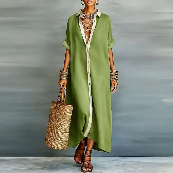 Versatile women's long shirt sundress. A casual maxi dress, great for summer comfort and effortless vacation looks.