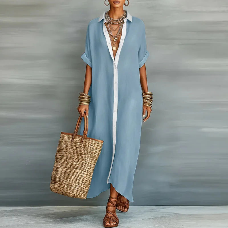 Chic women's button-down long shirt sundress. An effortless maxi dress ideal for summer casual and vacation wear.