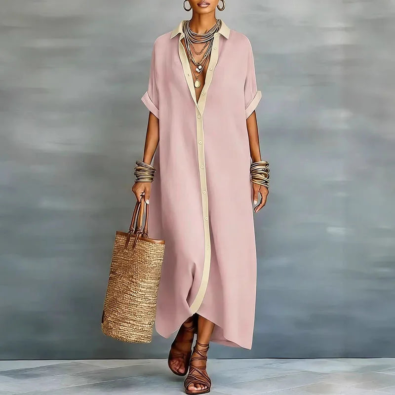 Women's summer sundress: a comfortable, long button-down shirt dress. Perfect for casual wear and vacation style.