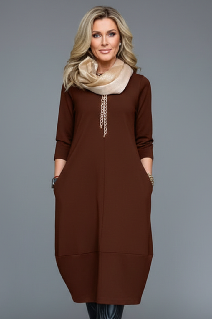 Flowy A-line midi dress for women, offering versatile everyday casual or elegant wear.