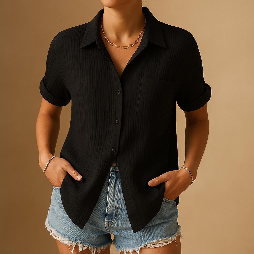 Lightweight & breathable women's short sleeve blouse with chest pocket, designed for comfortable everyday summer wear.