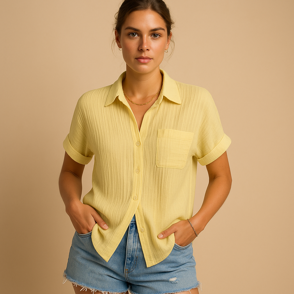 Woman wearing a versatile short sleeve casual button-up shirt with chest pocket, great for everyday spring fashion.