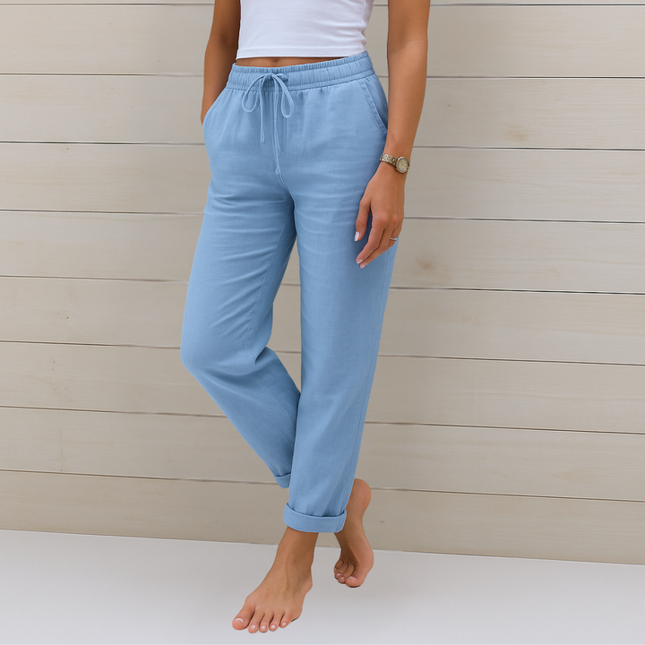 Women's elastic waist drawstring ankle pants with a straight leg fit, perfect for casual or chic everyday wear.