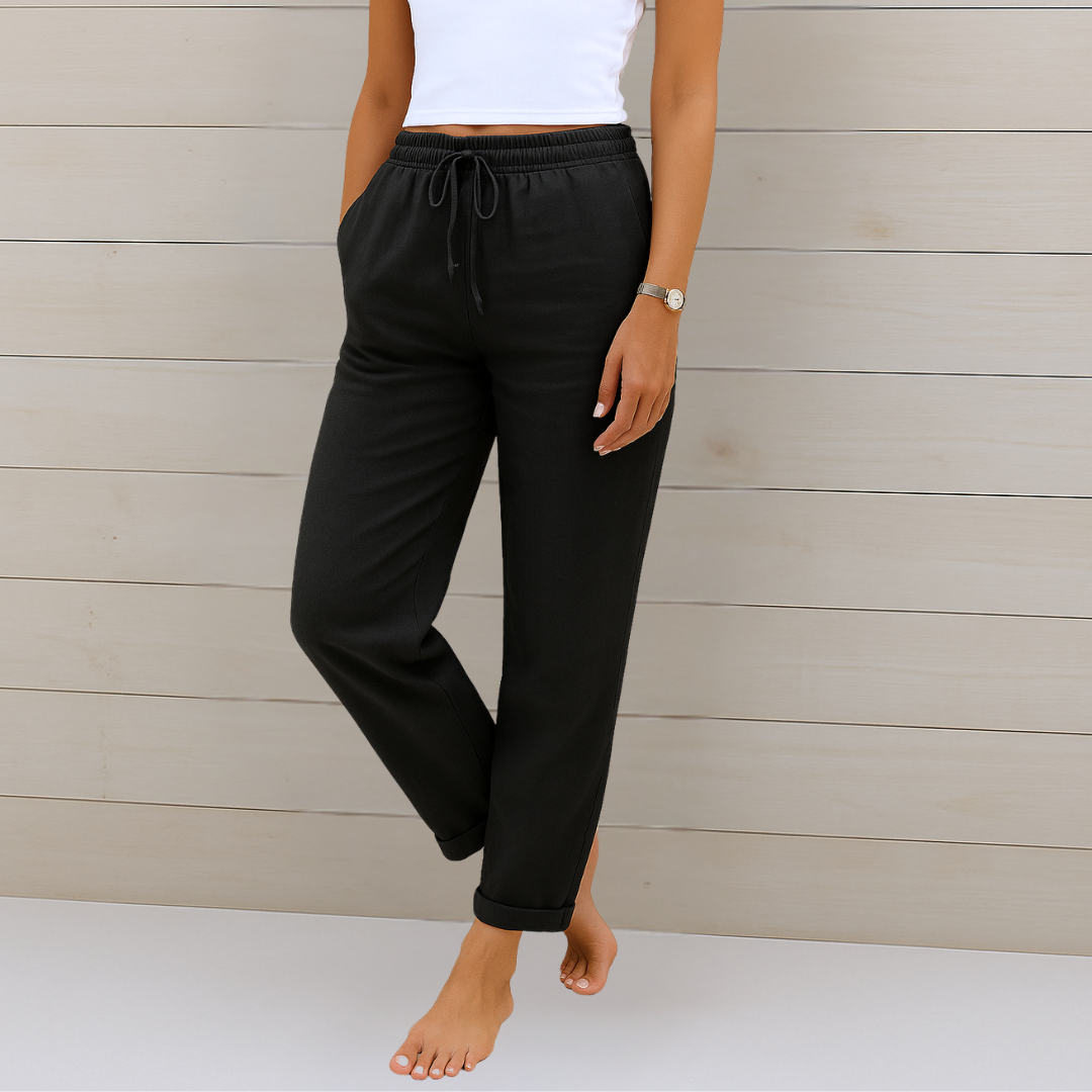 Comfortable women's drawstring ankle pants with elastic waist & straight leg design for easy, modern everyday wear.