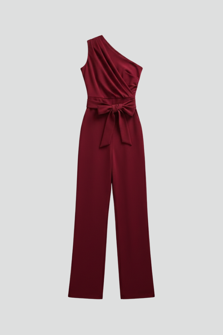 Sleek belted wide-leg women's jumpsuit, perfect for occasions, featuring an asymmetric neckline.