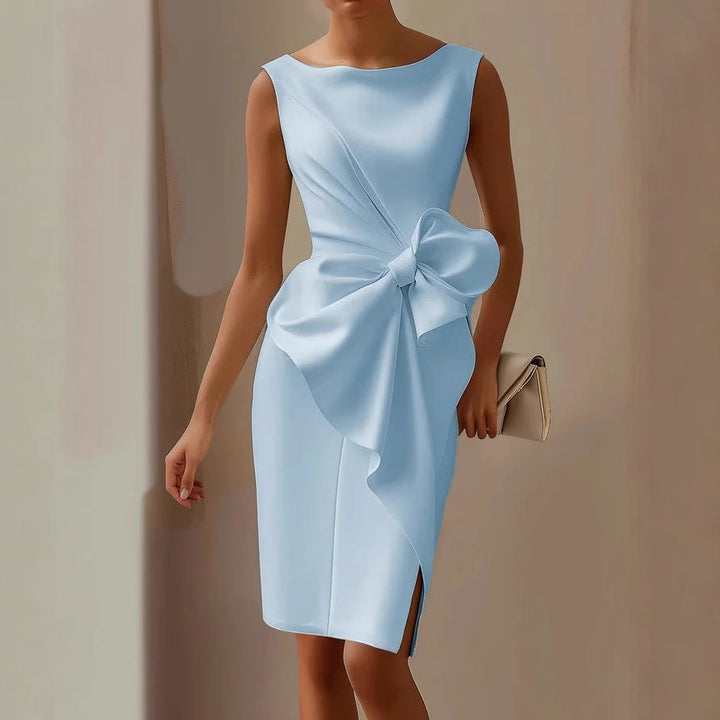 Elegant women's sleeveless party dress with a stylish asymmetric design & delicate bow detail. Perfect for special occasions.