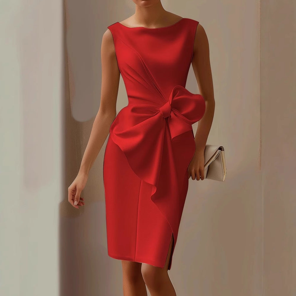 Sophisticated women's asymmetric sleeveless dress, a formal and chic choice for evening events or as a wedding guest.