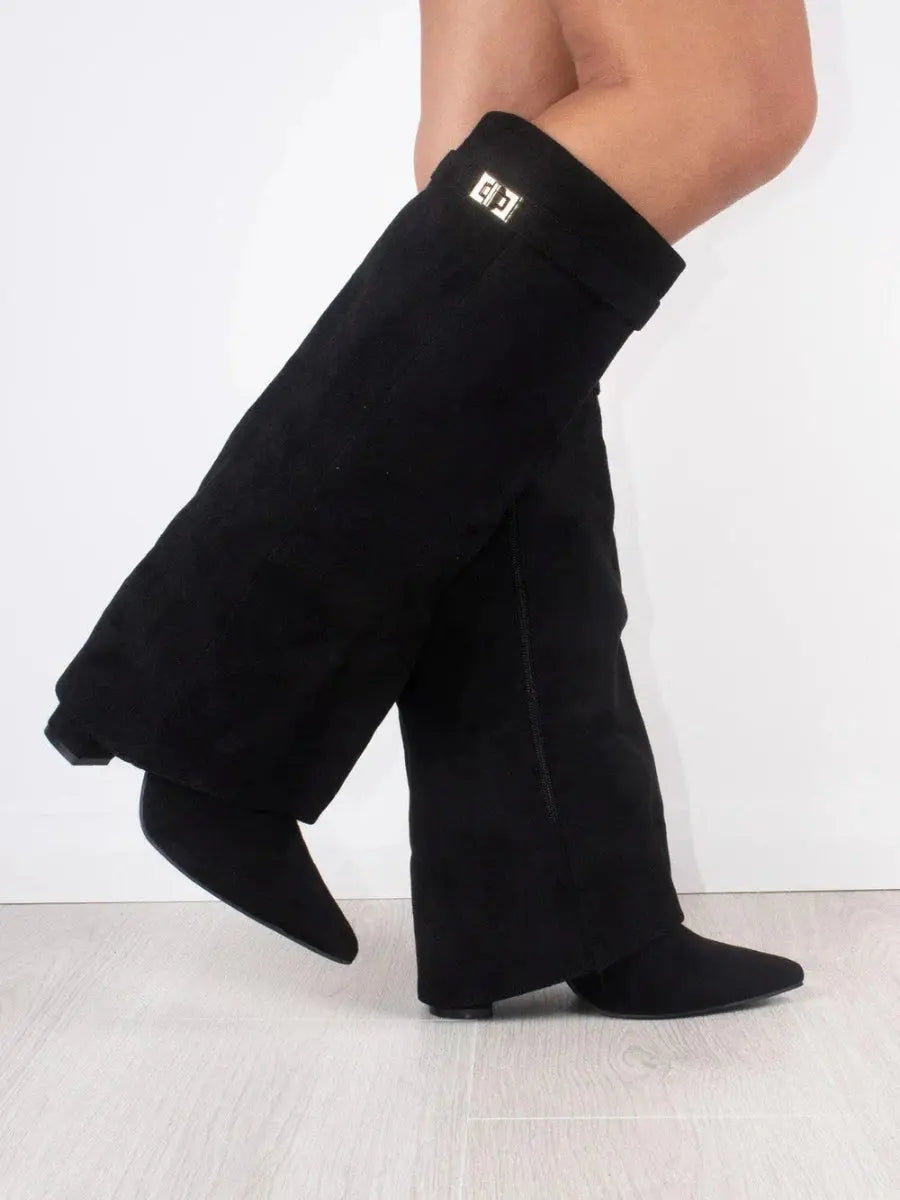 Women's elegant black pointed toe knee-high boots with a stylish wedge heel for fall fashion.