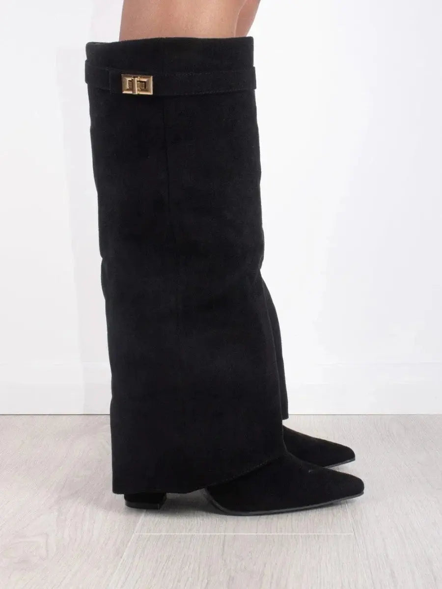 Brown knee-high boots for women, offering an elegant pointed toe and supportive wedge heel footwear.