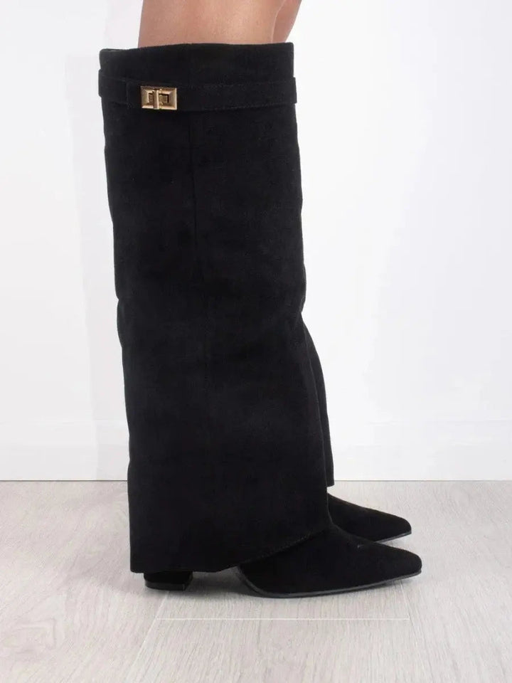 Brown knee-high boots for women, offering an elegant pointed toe and supportive wedge heel footwear.