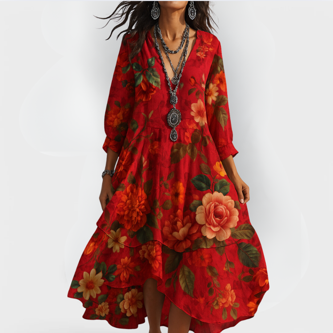 Relaxed fit women's floral print boho midi dress with V-neck, 3/4 sleeves & a graceful tiered hem. Summer fashion.