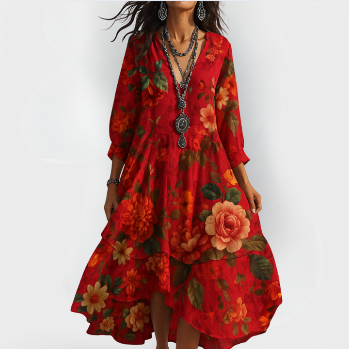 Relaxed fit women's floral print boho midi dress with V-neck, 3/4 sleeves & a graceful tiered hem. Summer fashion.