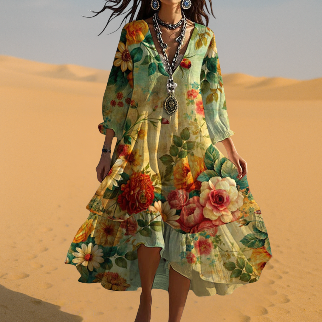 Chic women's boho midi dress in floral print, featuring a V-neck, 3/4 sleeves. Ideal for effortless spring style.