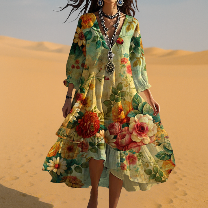 Chic women's boho midi dress in floral print, featuring a V-neck, 3/4 sleeves. Ideal for effortless spring style.