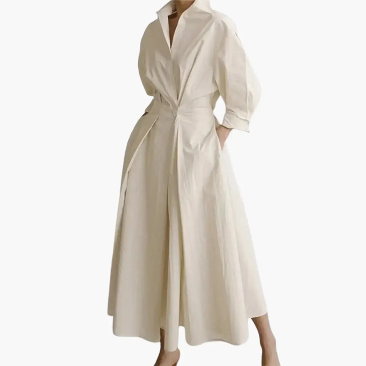 Women's elegant button-front shirt dress with defined waist, perfect for smart casual and everyday wear.
