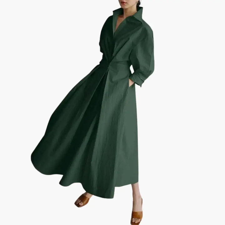 Modern elegant women's long sleeve shirt dress, button front & defined waist. Sophisticated everyday fashion.
