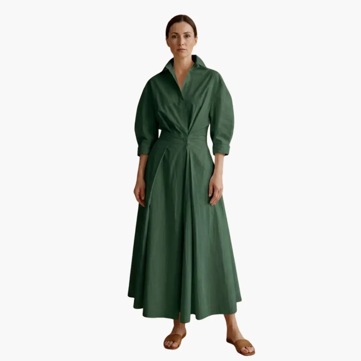 Comfortable elegant women's button-front shirt dress, defined waist, perfect for versatile daily wear.