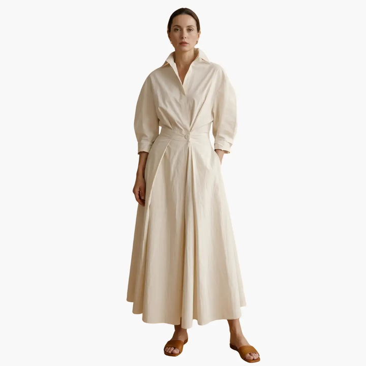 Versatile women's ankle-length shirt dress, elegant button front with a defined waist for smart fashion.