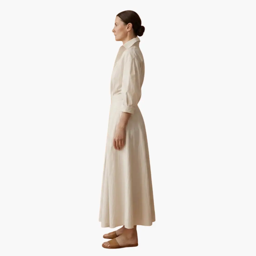 Ankle-length women's shirt dress, elegant button front and defined waist for a polished, versatile look.