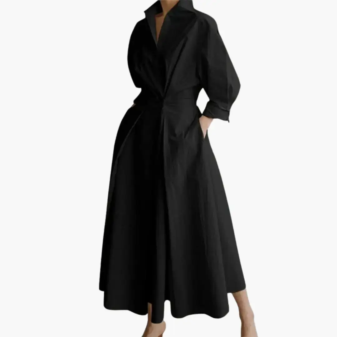 Elegant tailored women's shirt dress, button front and defined waist. A versatile & sophisticated choice.