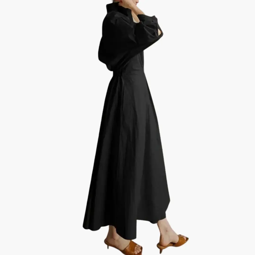 Women's long sleeve button-front shirt dress with defined waist. Dress up or down for any occasion.