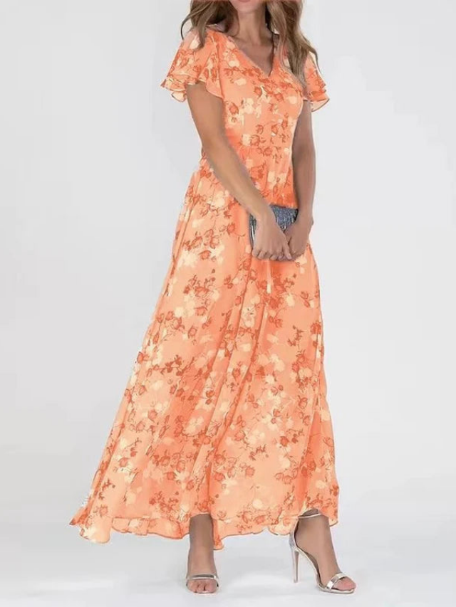 Women's elegant floral flutter sleeve V-neck maxi dress, perfect for summer parties or wedding guests.