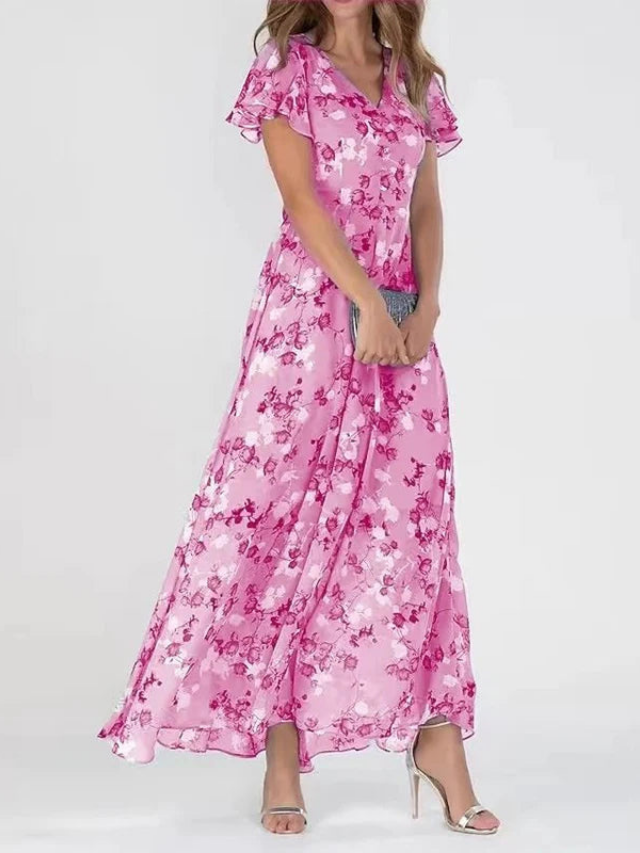 Elegant women's long floral flutter dress with V-neck design, a stylish choice for parties or special occasions.
