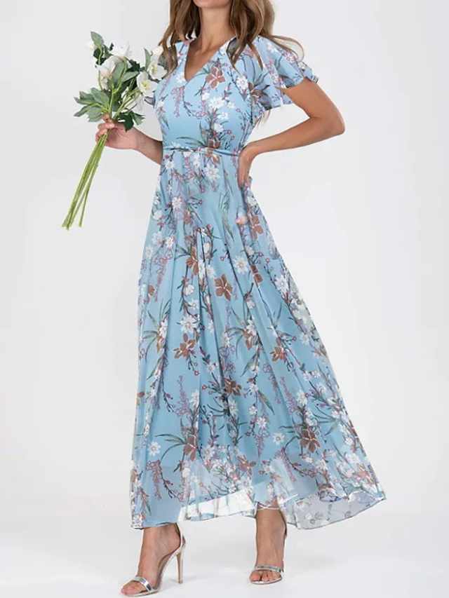 Flowy women's V-neck floral print maxi dress with flutter sleeves. Elegant, long, and perfect for summer wear.