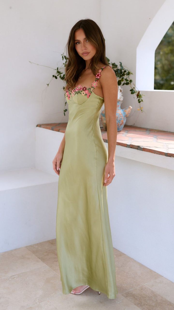 Versatile floral summer dress for women with delicate slim straps, showcasing a lime hue.