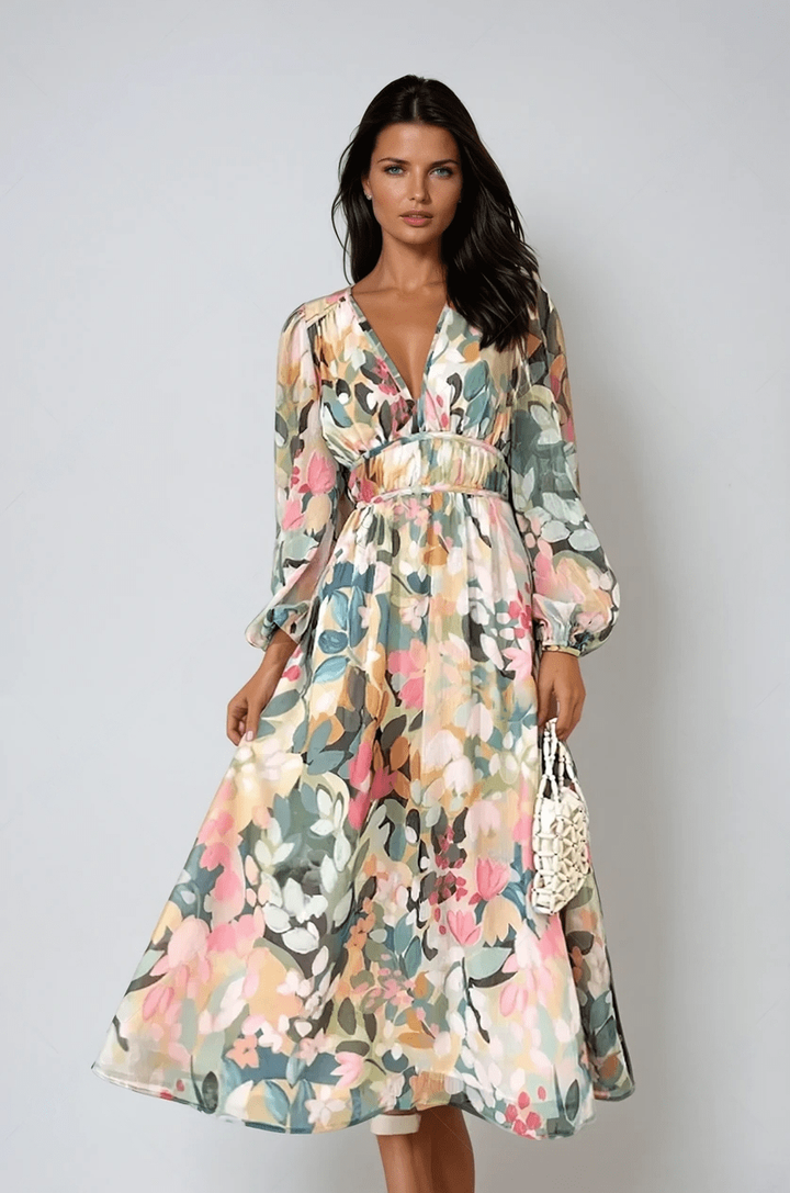 Women's elegant floral midi dress with puff sleeves & V-neck. Perfect for summer parties & special occasions.