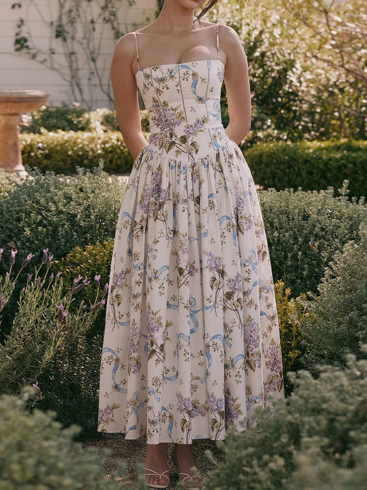 Stylish women's spring/summer floral midi dress with strappy corset. Great for formal events.