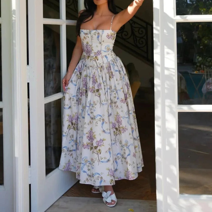 Elegant women's floral midi prom dress with a structured corset and delicate floral patterns.