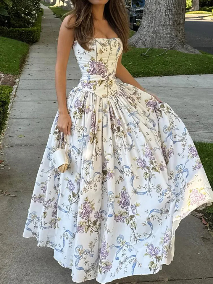 Party-ready women's floral print corset midi dress. Ideal for formal events and evening wear.
