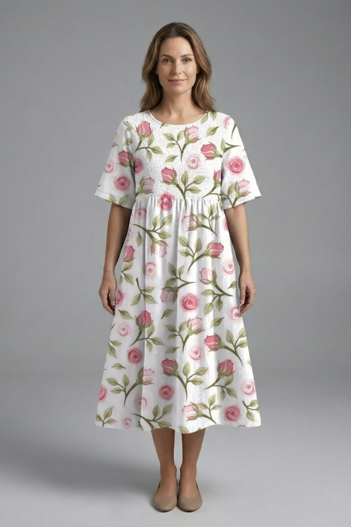 Women's elegant floral print midi dress with round neck, short sleeves, and a flattering flared skirt. Ideal for summer fashion.