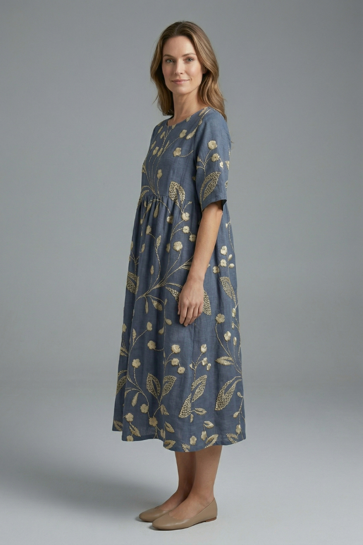 Vibrant floral print midi dress for women. Versatile elegant style for spring & summer casual or dressy occasions.