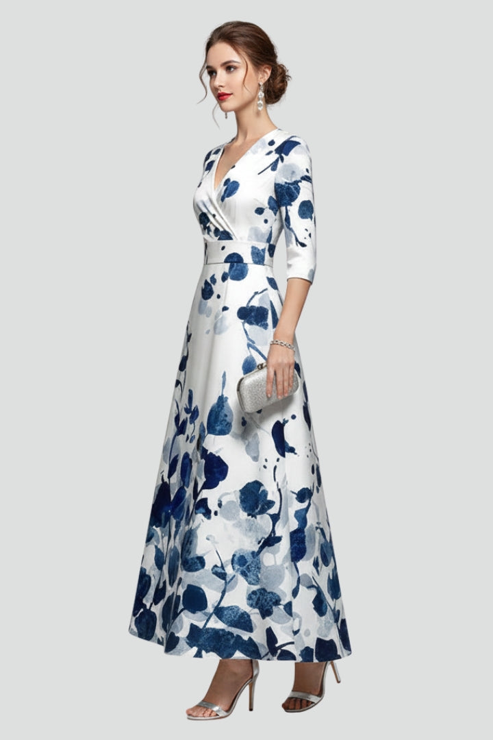 Casual yet chic women's long floral dress with a flattering V-neck, flared skirt, ideal for vacation.