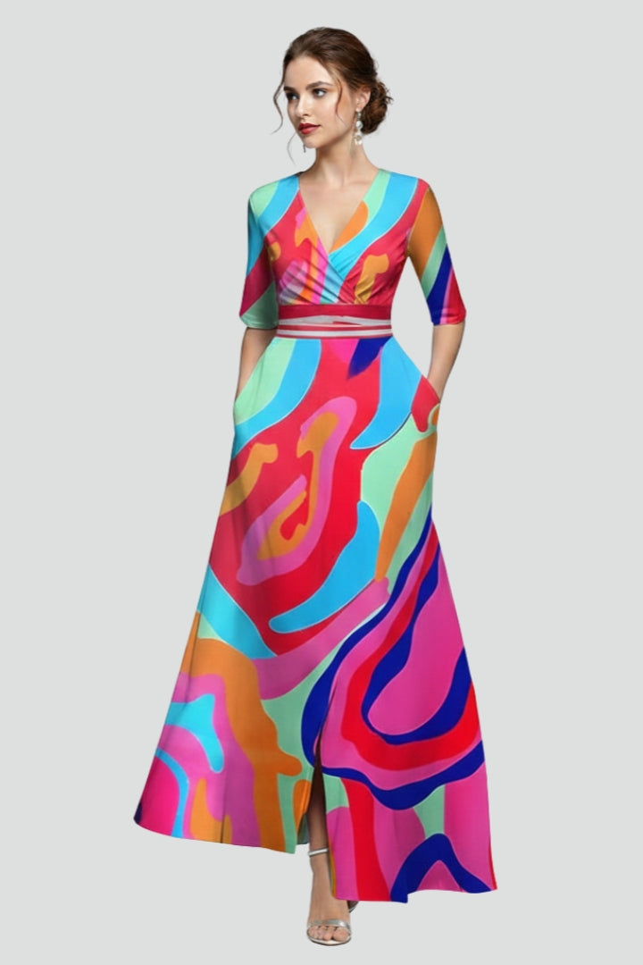 Sophisticated women's floral print maxi dress, a V-neck design with midi sleeves and a full flared skirt.
