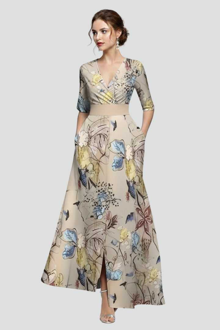 Comfortable women's long floral dress, featuring a flattering V-neckline and breezy flared skirt for warm days.