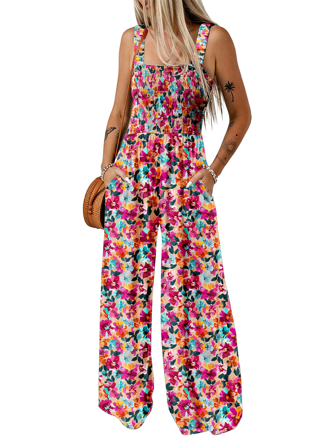 Women's elegant floral wide-leg jumpsuit in full length, perfect for spring fashion.